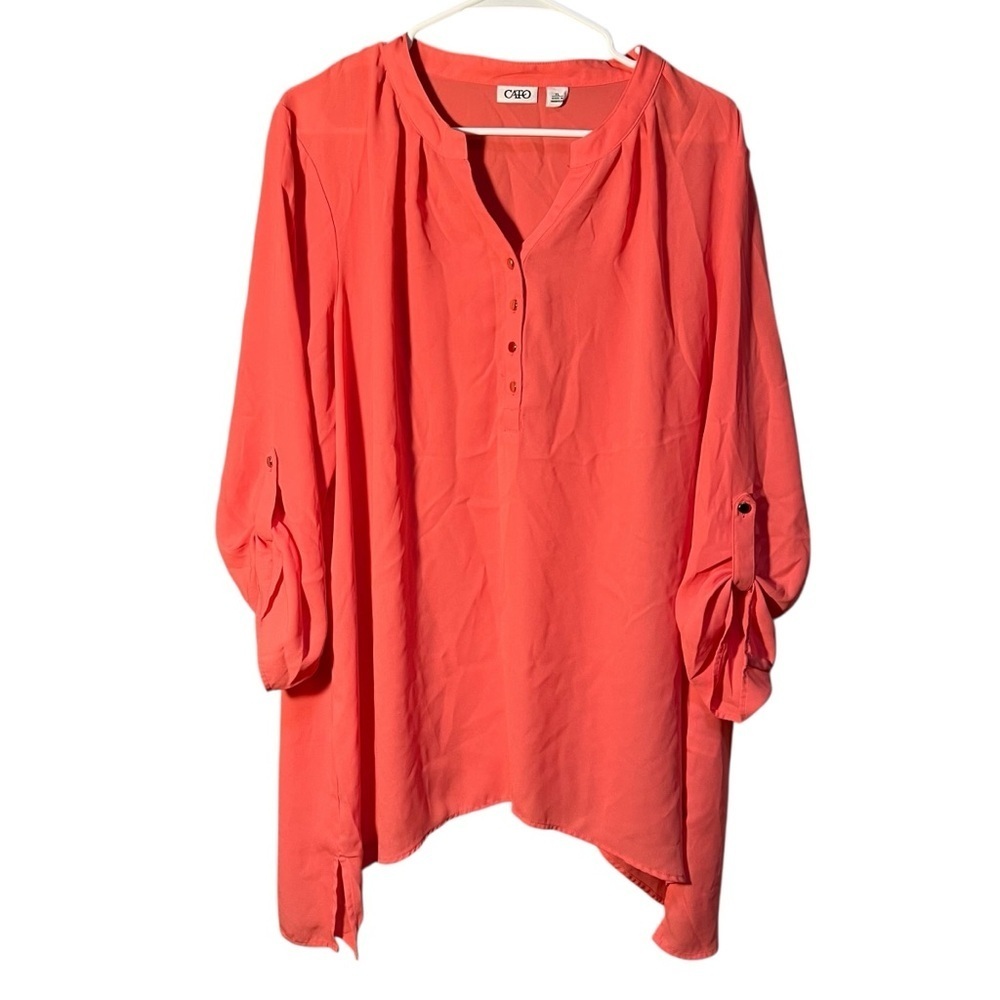 Cato Women's Size XL Henley Tunic Top Chiffon Handkerchief Hem Coral Pink Orange